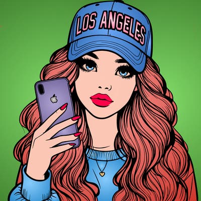 realistic beautiful girl wearing los ángeles cap holding an iphone