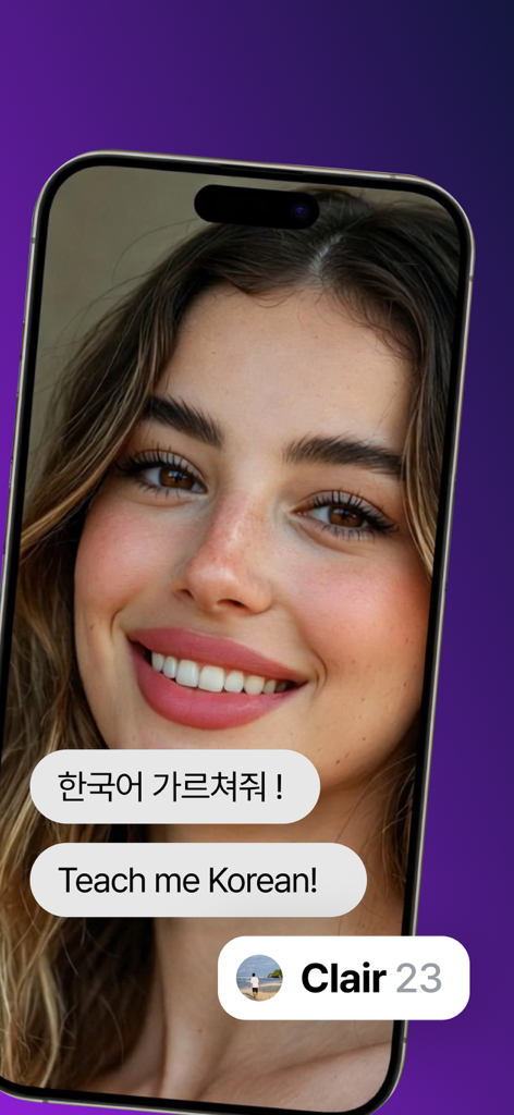 Kdrama Chat - Global cummunity - A young woman's profile on Kdrama Chat app with a chat bubble saying Teach me Korean