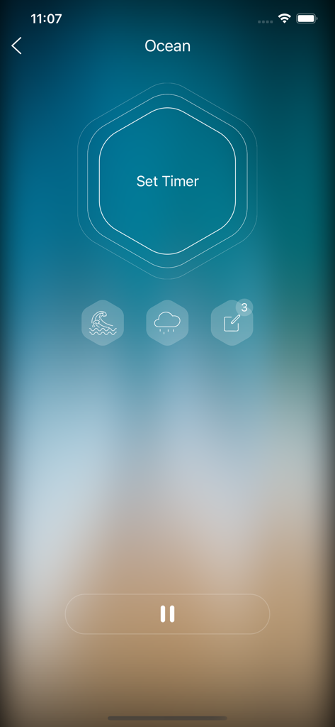 Minimalist user interface of the Sleep Sounds app showing ocean sound playback and timer settings