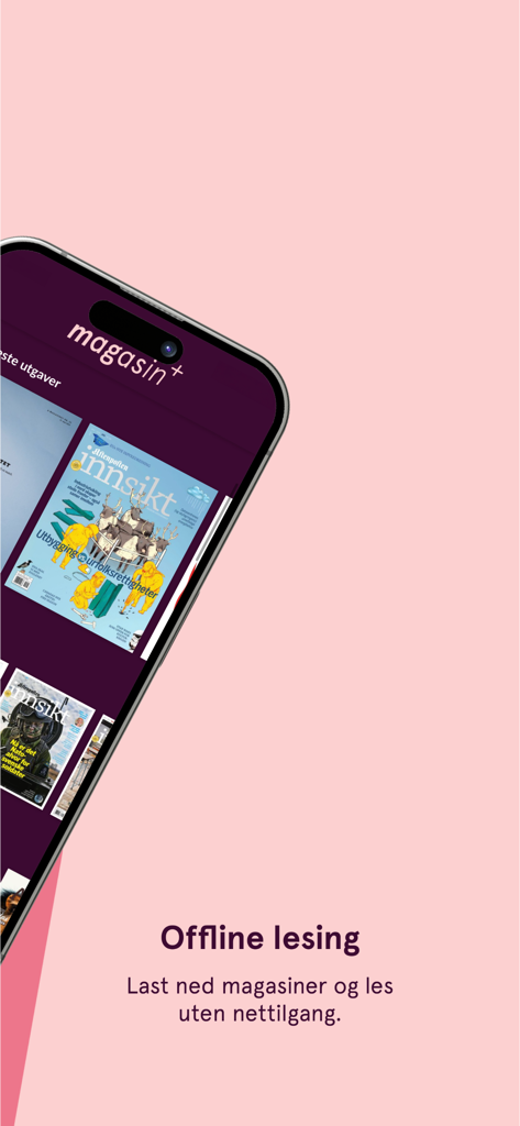 Magasin plus mobile app interface highlighting the offline reading feature for Norwegian magazines.