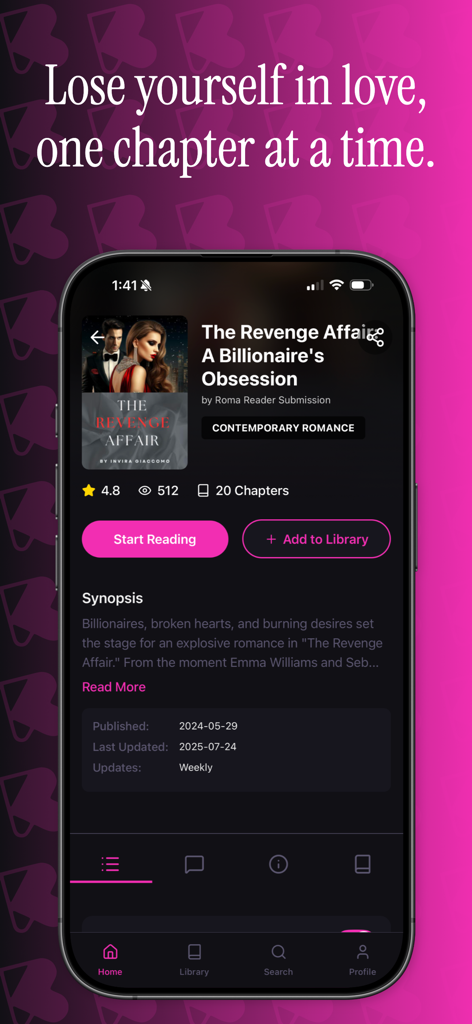 Roma: Spicy Novels - Interface of the Roma app showing a billionaire romance novel titled The Revenge Affair with a pink start reading button