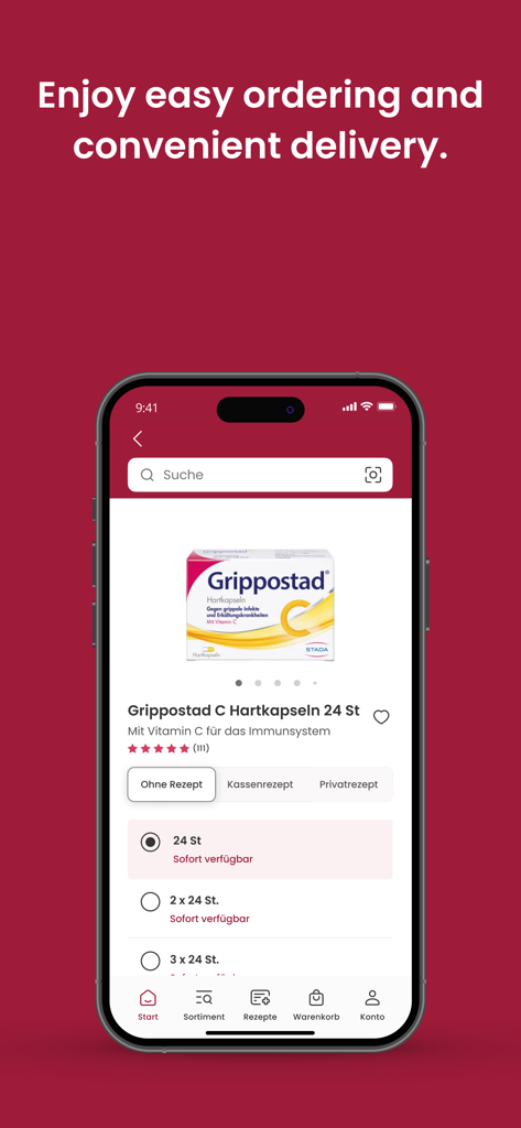Pantalla móvil de la app de farmacia medpex que muestra una página de producto para Grippostad C con opciones de pedido.