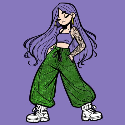 girl in baggy pants crop top and long hair
