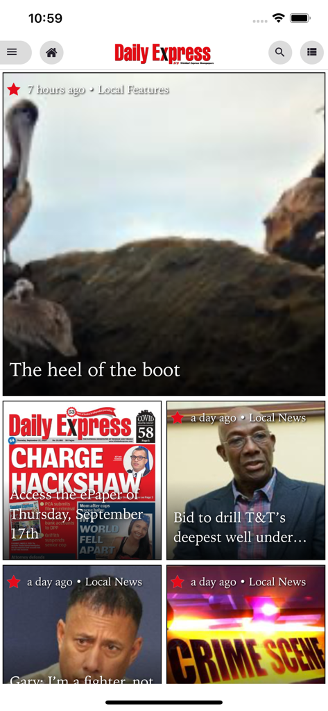 Trinidad Express Newspapers - Trinidad Express app main news feed featuring local news headlines and ePaper access