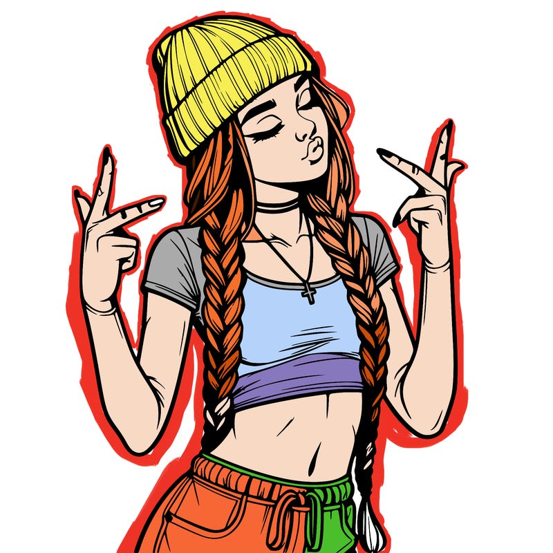 realistic teenage girl with braids and a beanie and crop top doing 🫶🏼