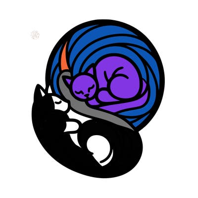 abstract art designed cat curled in a ball seeing reflection of itself