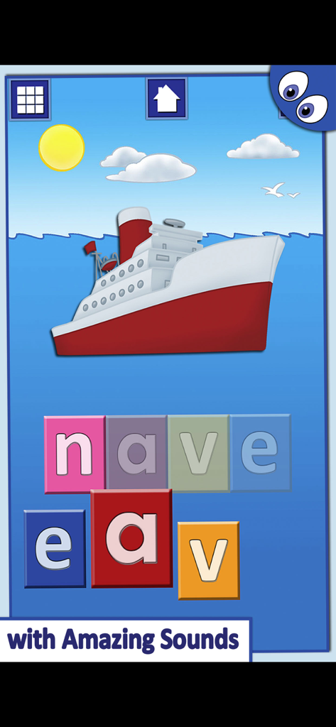 Italian First Words Lite - Italian educational app for children showing a ship illustration and letter blocks to spell the word nave