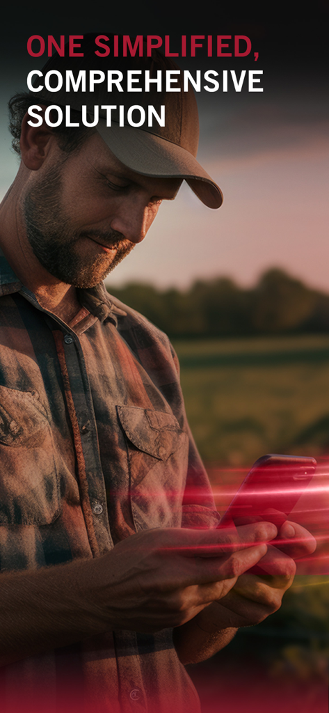 Case IH FieldOps™ - A farmer using the Case IH FieldOps app on his smartphone in a field at sunset