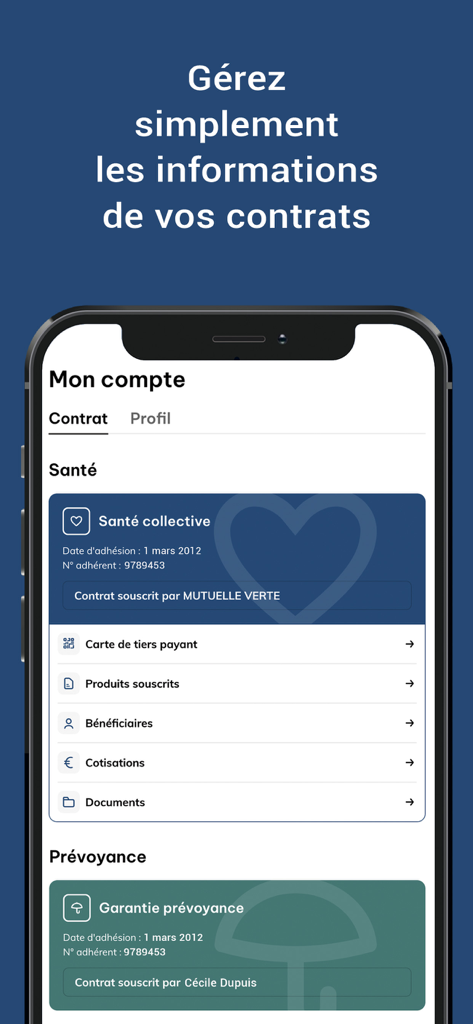 La Mutuelle Verte - L'écran de compte de l'application La Mutuelle Verte montrant les détails des contrats d'assurance santé et invalidité