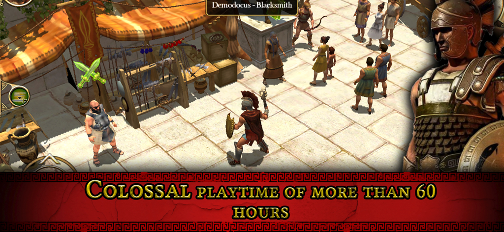 고대 그리스 시장에서 영웅이 60시간 플레이 타임을 알리는 배너와 함께 있는 타이탄 퀘스트 HD 게임 플레이 모습