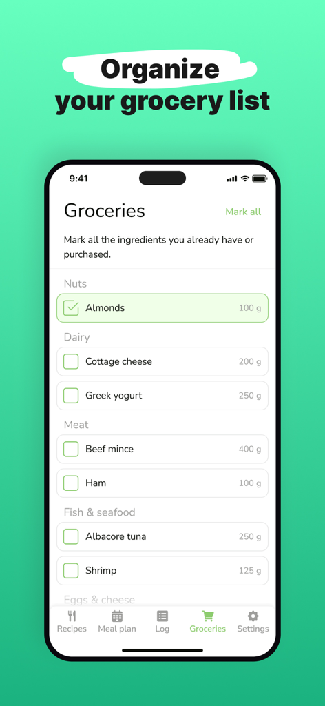 Eatr: Tasty Cooking Recipes - Interface do aplicativo Eatr mostrando uma lista de compras organizada com itens alimentares categorizados e caixas de seleção