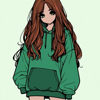 realistic girl with long hair and baggy sweat shirt