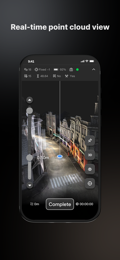 FJD Trion Scan - Real-time 3D point cloud visualization of a street scene within the FJD Trion Scan mobile app