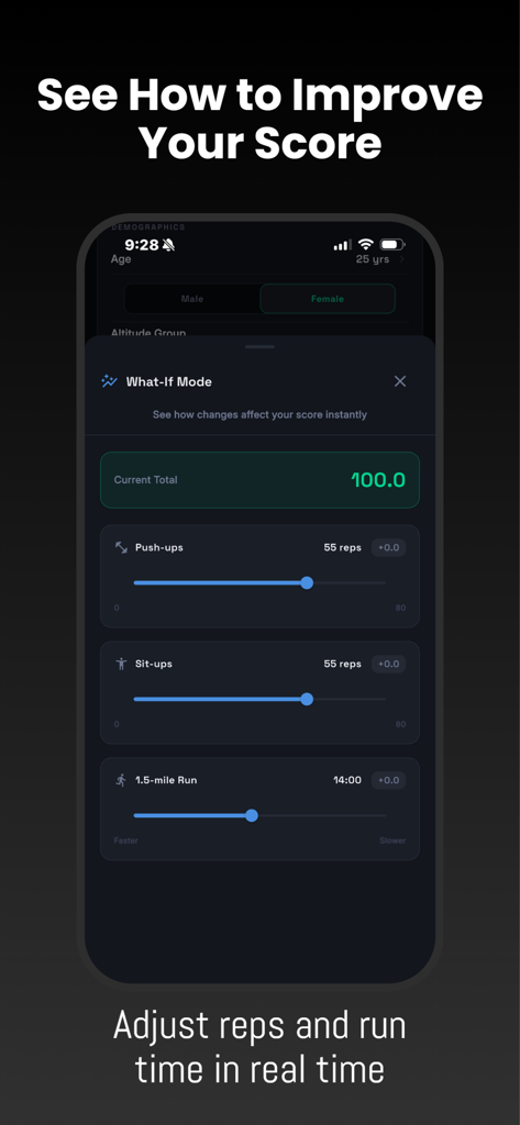 Air Force PT Calculator 2026 - Air Force PT Calculator What-If Mode showing score adjustment sliders for pushups situps and run time