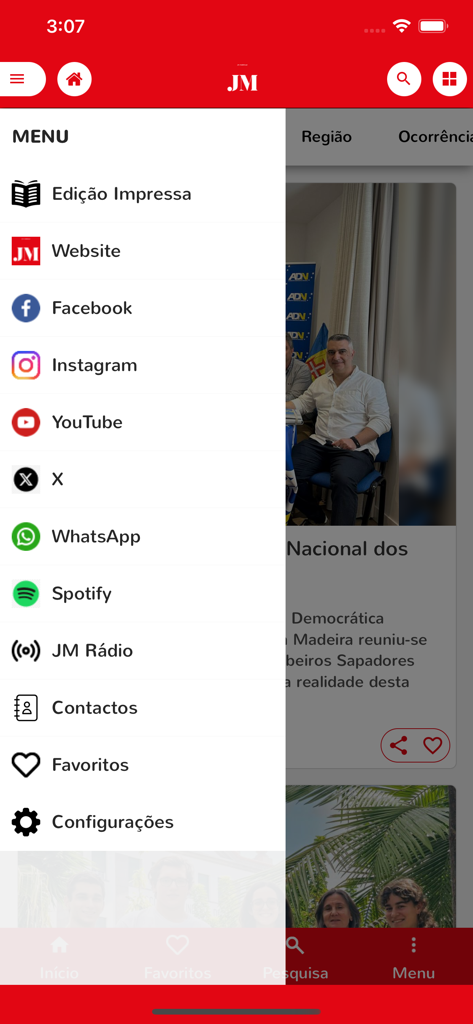 JM Madeira - Side menu of the JM Madeira news app displaying navigation options social media links and settings