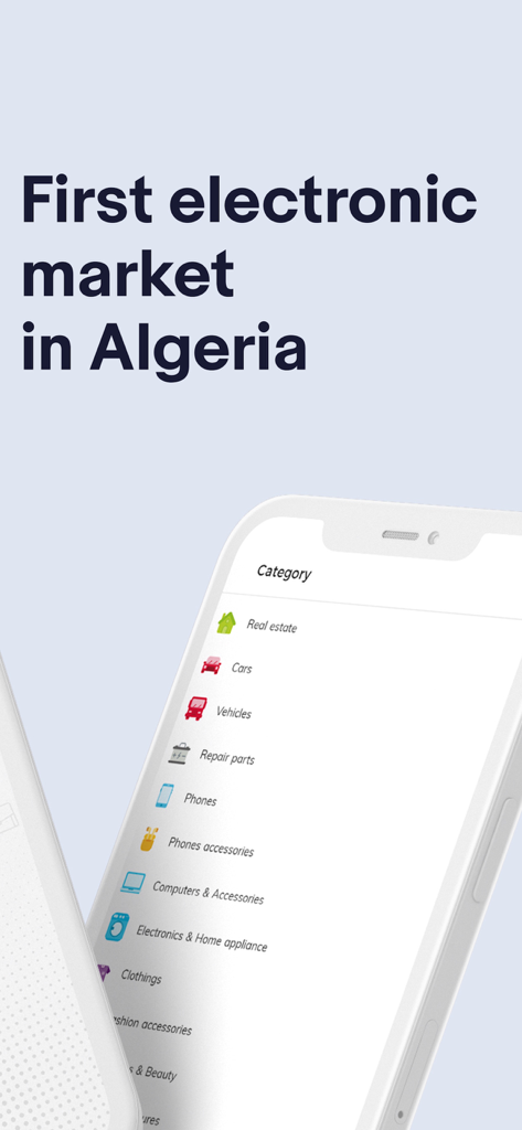 Ouedkniss - Interface de l'application Ouedkniss montrant diverses catégories de shopping comme l'immobilier et les voitures pour le marché algérien