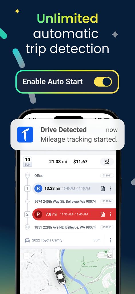 Mileage Tracker App by TripLog - A smartphone screen displaying the TripLog app with automatic trip detection enabled and a notification showing mileage tracking has started