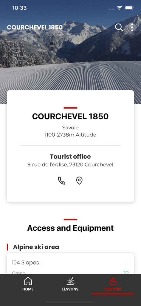 The my esf mobile app station screen displaying information for the Courchevel 1850 ski resort in Savoie