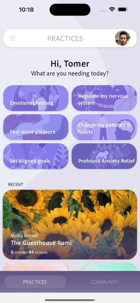 SomaShare - Deep Healing - The SomaShare app dashboard showing various somatic healing practice categories and a recent session.