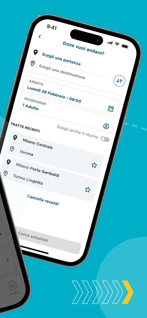 MooneyGo app screen for planning travel routes between Italian cities like Milan and Turin