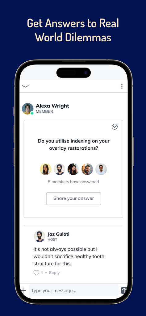 Protrusive Guidance - Protrusive Guidance app interface showing a clinical discussion between dental professionals about overlay restorations