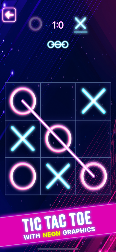 Tic Tac Toe: 2 Player - Tic Tac Toe game interface with glowing neon graphics showing a winning diagonal line