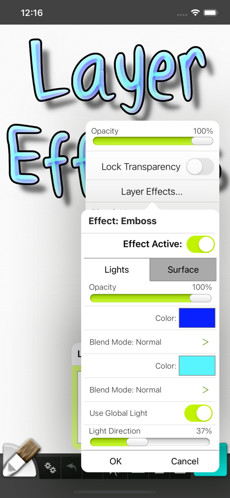 ArtRage Vitae Mobile Painting - Layer effects menu in ArtRage Vitae showing emboss and lighting settings