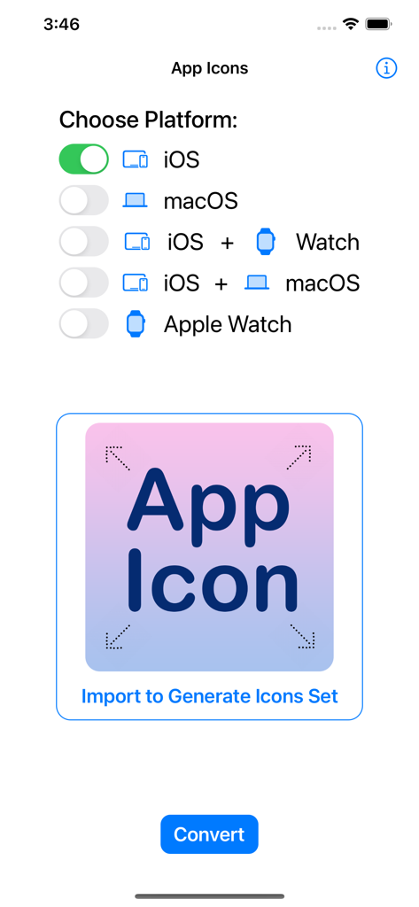 App Icon: Resize for all OS - App interface for choosing platforms like iOS and macOS to generate icon sets