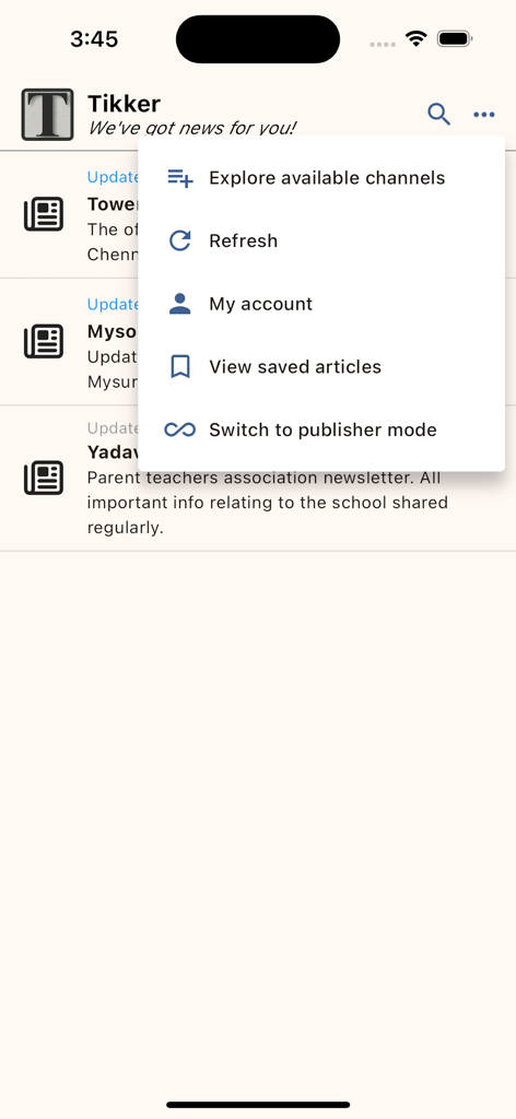 Tikker News - Interface do aplicativo móvel Tikker News mostrando um menu suspenso com opções para explorar canais, gerenciamento de conta e alternar para o modo de publicação.