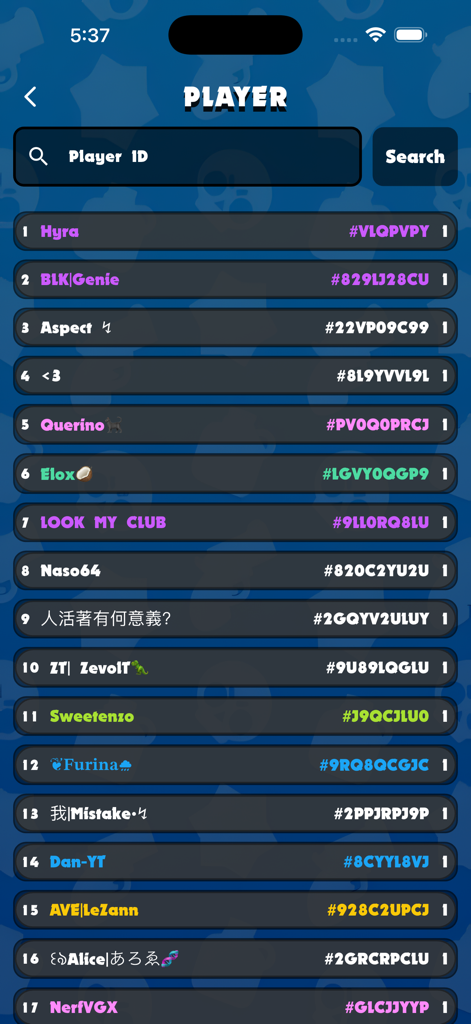 Brawl stats & chest for BS - Bildschirm zur Suche nach Spielern und Bestenlisten von Brawl Stars, der eine Liste von rangierten Spielern mit ihren eindeutigen ID-Tags zeigt.