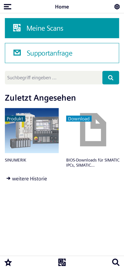 Industry Online Support - Home screen of the Siemens Industry Online Support app showing scan and support request options