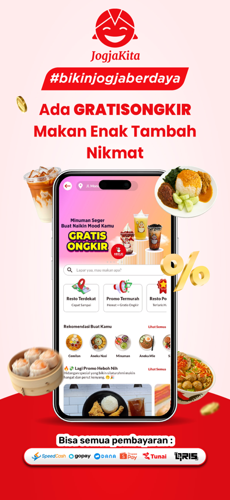 JogjaKita - Ojolnya Jogja - JogjaKita app screenshot displaying food delivery options and various Indonesian payment methods
