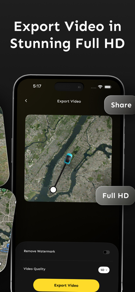 Travel Animator 3D Video-TripQ - App interface showing a 3D animated travel map being exported in high definition with a car icon moving over a satellite map of New York City.