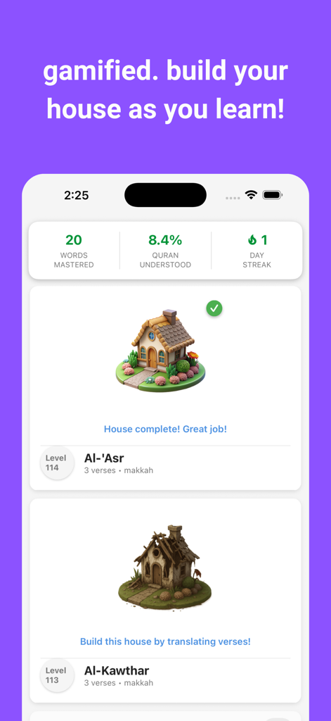 Qurania: Learn Quran with AI - A screenshot of the Qurania app interface showing gamified learning progress with house-building levels for Quranic verses