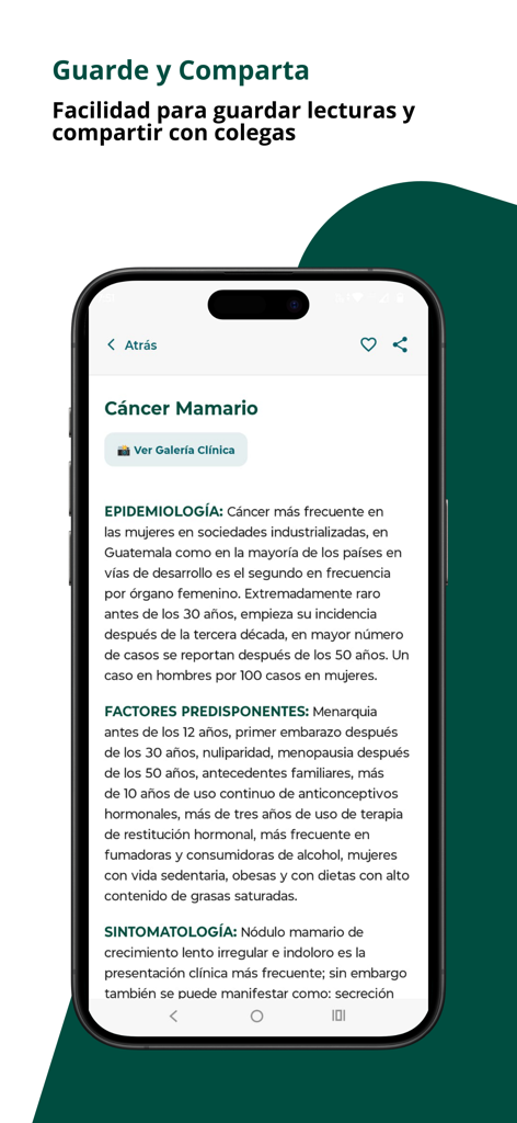 Manual de Cirugía - Dr. Ralón - Interface do aplicativo Manual de Cirugia mostrando informações clínicas sobre epidemiologia e sintomas do câncer de mama