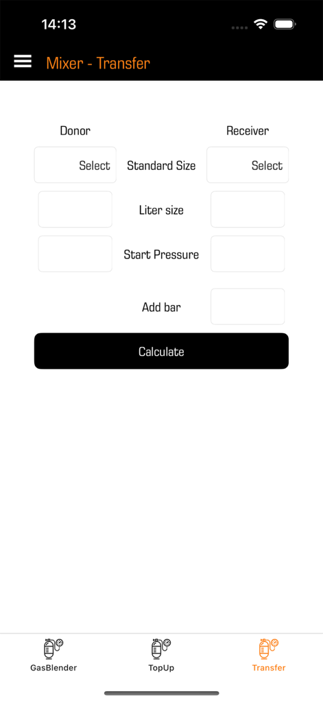 Scuba Gas Calculator - Scuba gas transfer calculator interface for donor and receiver tank calculations