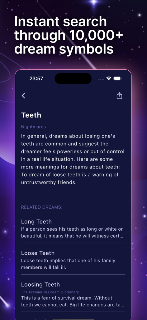 Dream Dictionary-Dream Reading - Interface of the Dream Dictionary app displaying the meaning of teeth symbols in nightmares.