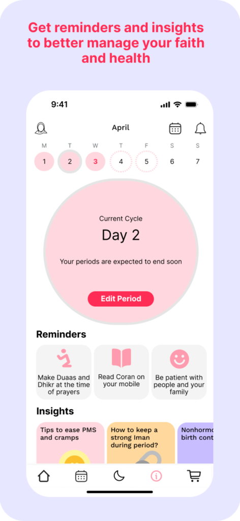 Afifa App: Muslim Women Health - Panel de la aplicación Afifa que muestra el seguimiento del período con recordatorios espirituales y perspectivas de salud para mujeres musulmanas