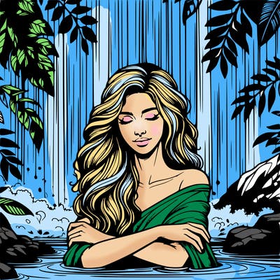 realistic female model under waterfall