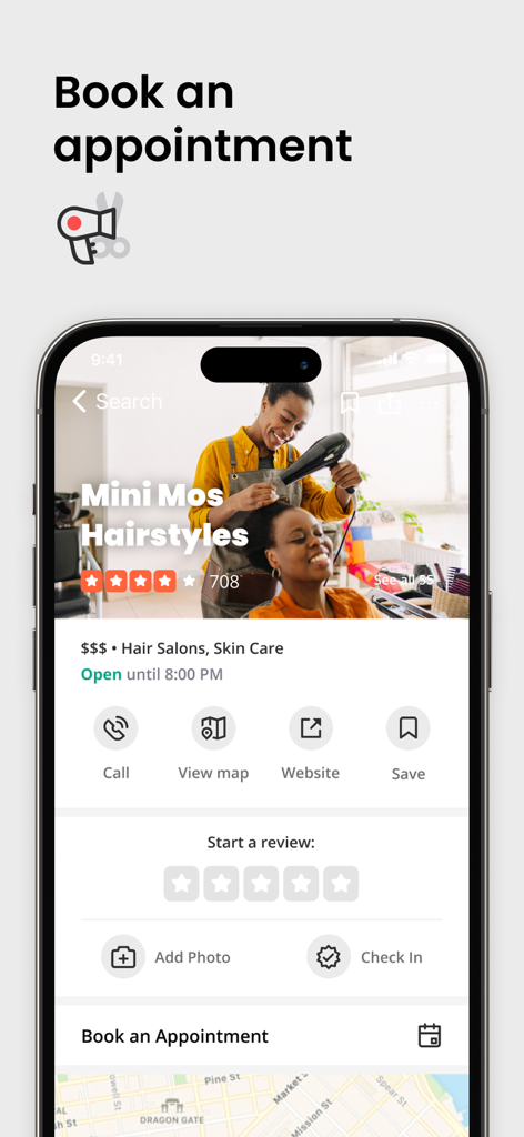 Uma interface móvel do aplicativo Yelp mostrando uma página de negócios para um salão de beleza com um botão Agendar um Compromisso