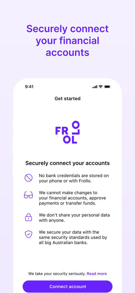 Frollo - Feel good about money - Frollo app onboarding screen highlighting secure and private connection of financial accounts
