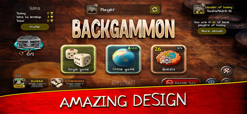 Backgammon (single game) - Menú principal de la aplicación móvil de Backgammon con opciones para un jugador y partidas en línea sobre un fondo de tablero de madera realista