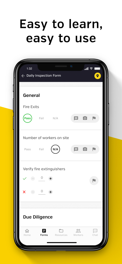 Mobile interface of SiteDocs app showing a digital daily safety inspection form for construction and industrial sites