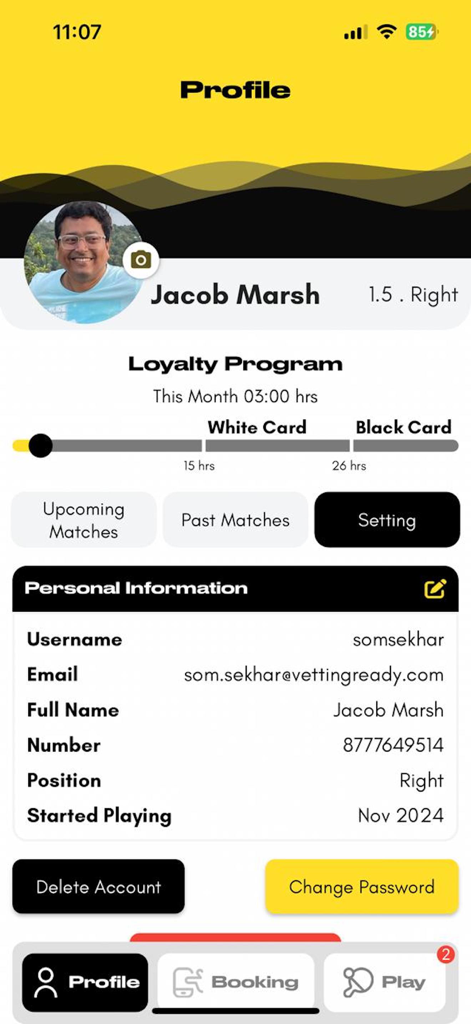 Milos Padel - Milos Padel app user profile dashboard with loyalty program and account details
