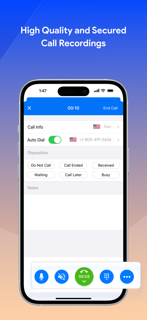 WiFi Phone Call by Moon Dialer - Oberfläche von WiFi Phone Call von Moon Dialer, die Anrufaufzeichnung und Optionen für Geschäftsgespräche zeigt