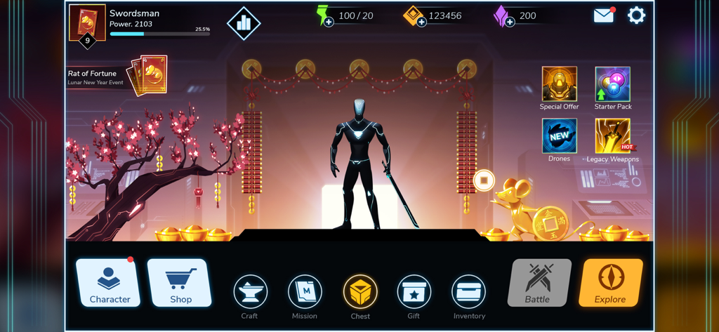 Menú principal de Overdrive 2 con un ciber ninja silueteado y una interfaz futurista