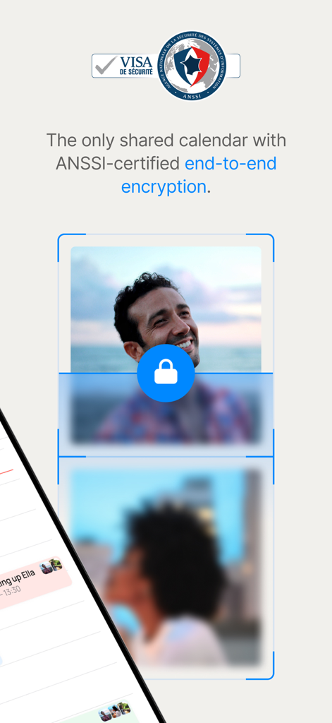 OurCal: Group Calendar Share - OurCal app showcasing ANSSI-certified end-to-end encryption for shared group calendars