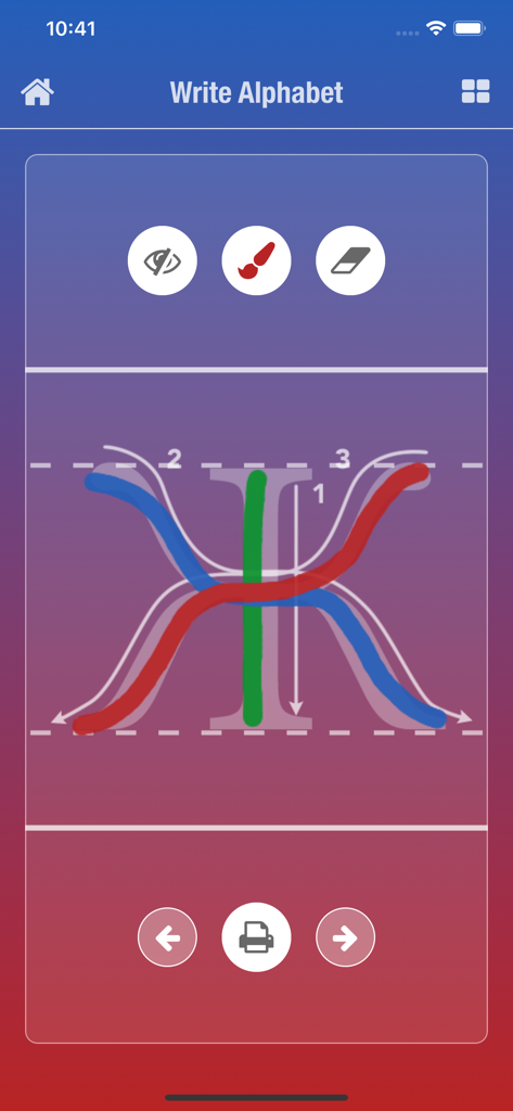 Russian Alphabet - Schermata di pratica di scrittura per la lettera russa Zhe con guide sull'ordine dei tratti e tracce colorate di scrittura con il dito.