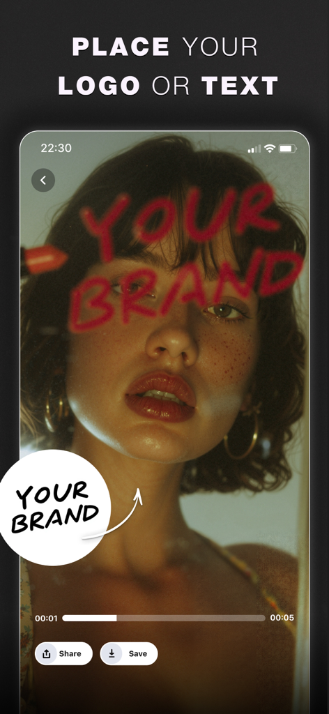 Glam AI: Video & Photo Editor - Glam AI App-Bildschirm, der die Platzierung von Logo und Text für Branding-Videos zeigt