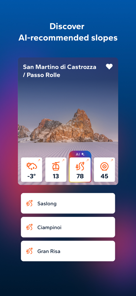 AI recommended ski slopes in the My Dolomiti Winter app